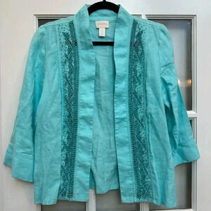 Chico's Aqua Breeze Beaded Linen Turquoise Open Jacket Cardigan Coastal Size 0 S